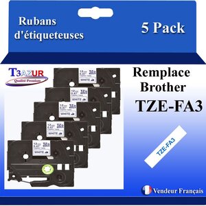 5x Rubans d'étiqueteuses compatibles avec Brother TzeFA3  Tze-FA3 pour étiqueteuses P-touch - Texte bleu sur fond blanc