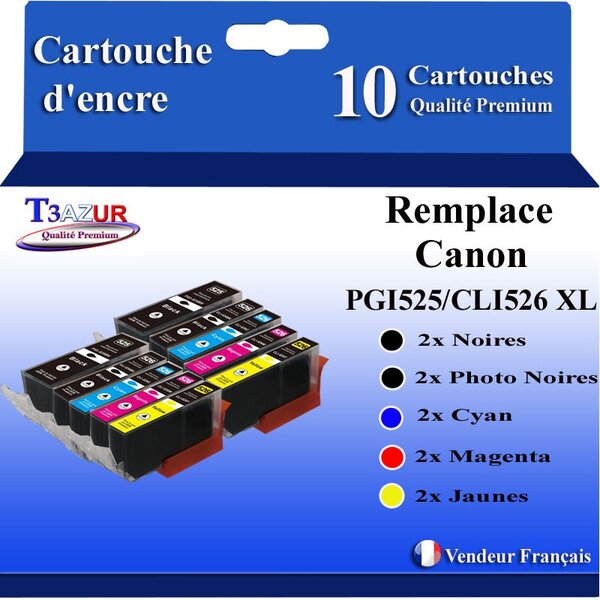 T3AZUR -10x Cartouches compatibles avec Canon PGI525 CLI-525 XL  pour Canon Pixma MG5100 MG5140 MG5150 MG5200 MG5250 MG5350 MG6150