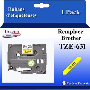 Ruban d'étiqueteuse compatible avec  Brother Tze631  Tze-631 pour étiqueteuses P-touch - Texte noir sur fond jaune