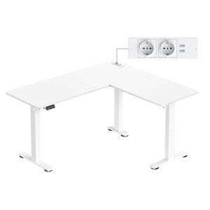 Bureau électrique réglable en hauteur table d’angle en L 140 x 160 cm avec multiprise fonction mémoire 2 hauteurs pour télétravail blanc 12_0004615