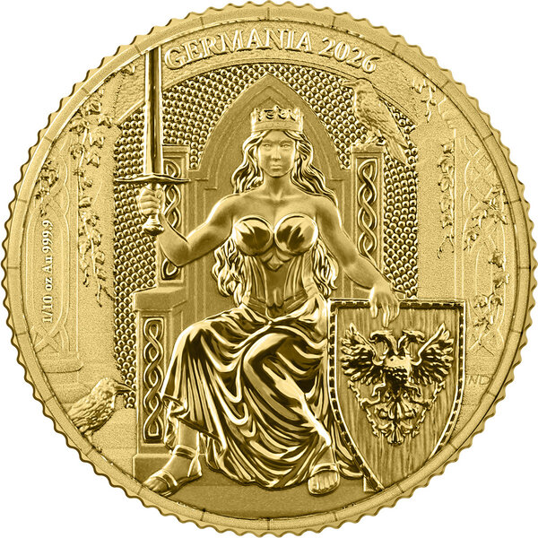 Monnaie GERMANIA Queen on the Throne 1/10 Oz Or 20 Mark Germania 2026 (PRÉCOMMANDE)