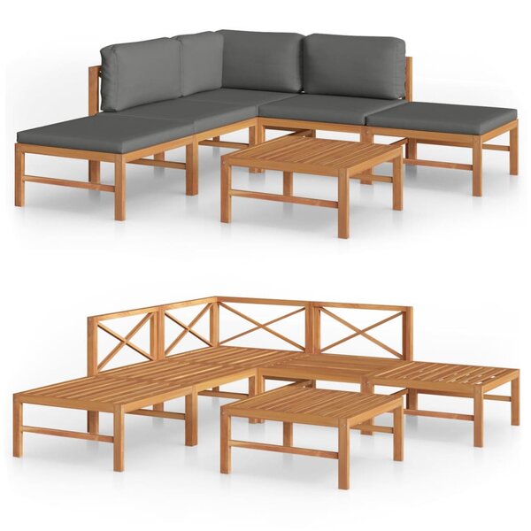 vidaXL Salon de jardin 6 Pièces avec coussins gris Bois de teck solide