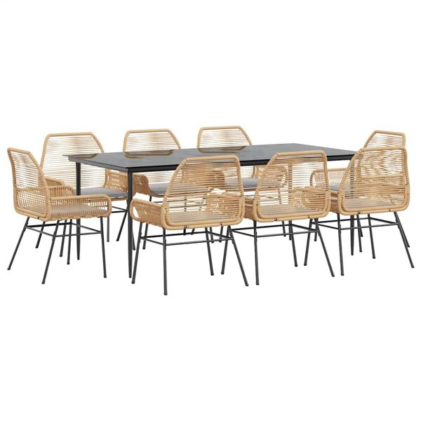 vidaXL Ensemble à manger jardin coussins 9Pièces marron poly rotin verre