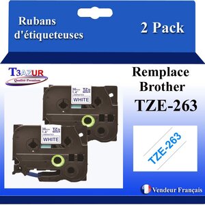 2x Rubans d'étiqueteuses compatibles avec Brother Tze263  Tze-263 pour étiqueteuses P-touch - Texte bleu sur fond blanc - Largeur 36 mm x 8 mètres - T3AZUR