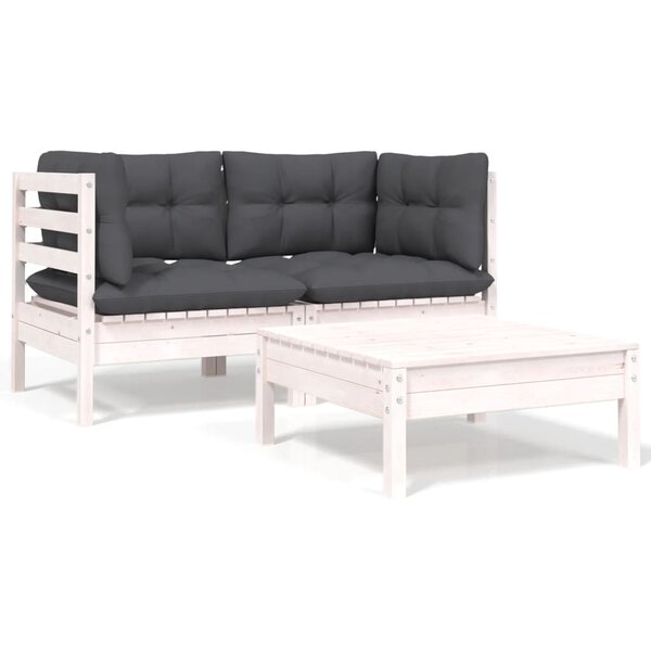vidaXL Salon de jardin 3 Pièces avec coussins Blanc Bois de pin massif