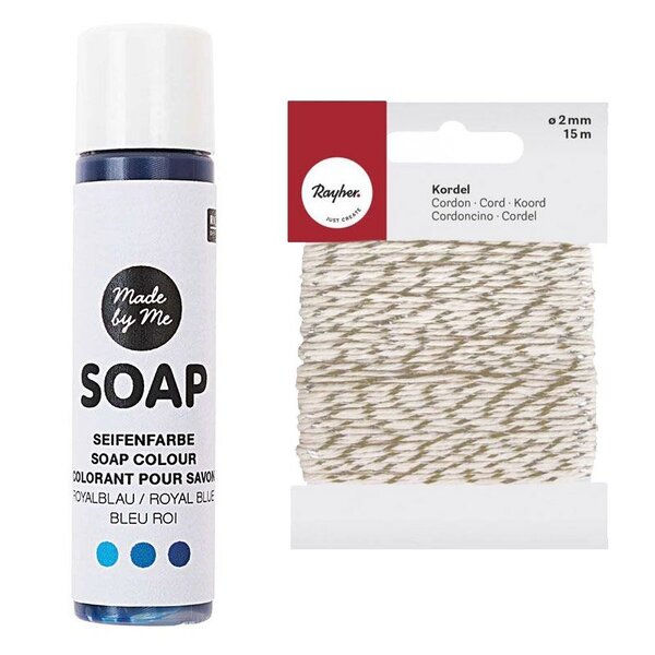 Colorant pour savon bleu roi 10 ml + Ficelle dorée & blanche 15 m
