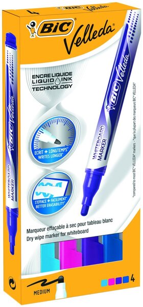 Etui de 4 Feutres tableau blanc effaçable LIQUID INK Pocket Pointe ogive VELLEDA