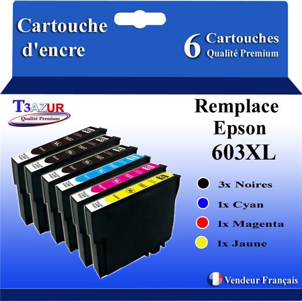 T3AZUR - 6x Cartouches Compatibles avec Epson 603 603XL pour Epson XP-2100 XP-2155 XP-3100 XP-4100 WF-2820 WF-2830 DWF WF-2870 WF-2835 WF-2850