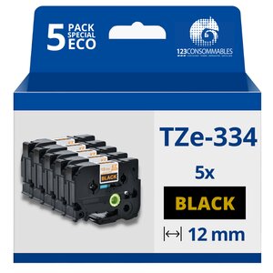 Pack de 5 Rubans adhésifs compatible avec Brother TZe334- Texte doré sur fond noir - Largeur 12 mm x 8 mètres