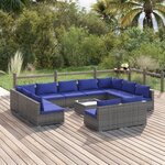 vidaXL Salon de jardin 12 Pièces avec coussins Gris Résine tressée