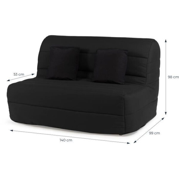 Banquette convertible tissu noir + 2 coussins noirs 140 x 99 x Hauteur 98 cm