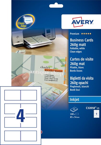 100 cartes de visite Quick&Clean recto/verso lisses Mat Blanc 260 g/m² 85 x 54 mm jet d'encre AVERY