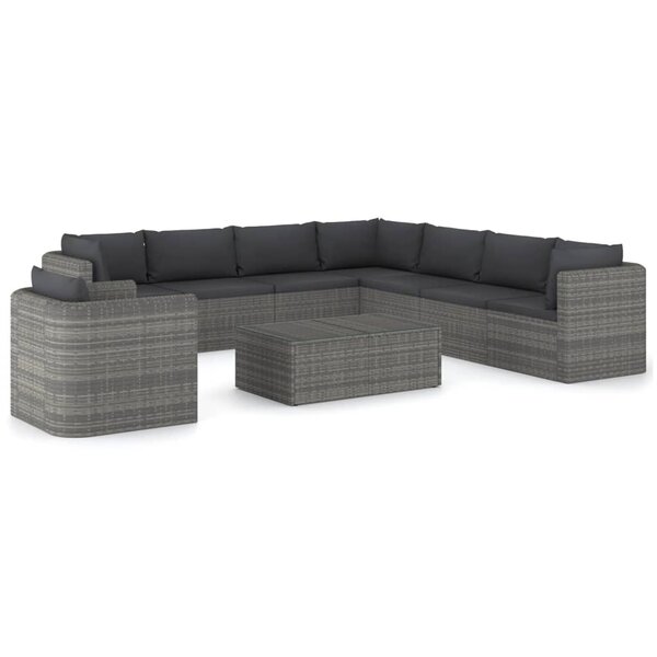 vidaXL Salon de jardin 9 Pièces avec coussins Résine tressée Gris