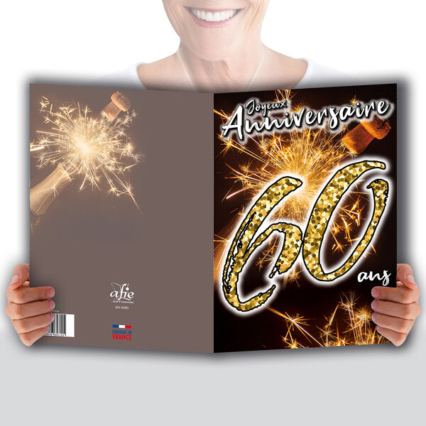 MAXI Grande Carte Géante XXL pour ANNIVERSAIRE 60 ANS Mixte H/F + Enveloppe format 32x23cm - Chiffres Nombre Doré Fêter Feu d'artifice Scintillant Bouchon de Champagne - Fabriqué en France MX-5060