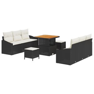 Ensemble de canapés de jardin 9 pièces avec coussins noir en poly rattan et acacia