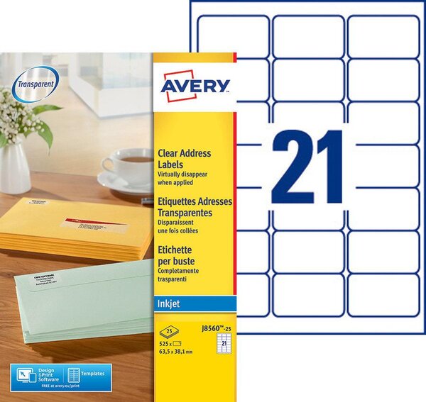 525 étiquettes transparentes - 63,5 x 38,1mm - jet d'encre - j8560-25