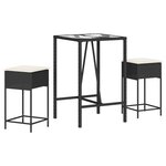 vidaXL Ensemble de bar de jardin 3 Pièces avec coussins noir poly rotin