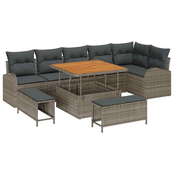 Ensemble de 9 Pièces de Canapé de Jardin avec Coussins Gris en Poly Rattan Acacia
