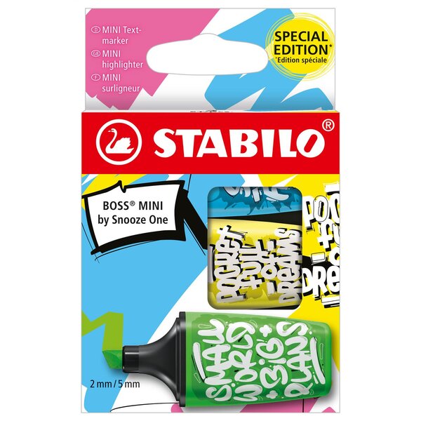 3 surligneurs BOSS MINI by Snooze One vert + jaune + bleu x 10 STABILO