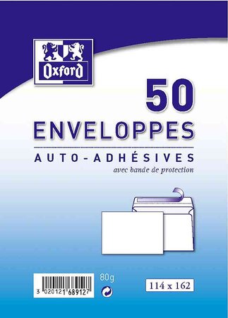 Paquet de 50 Enveloppes 80g C6 (114x162mm) Blanches sans fenêtre OXFORD
