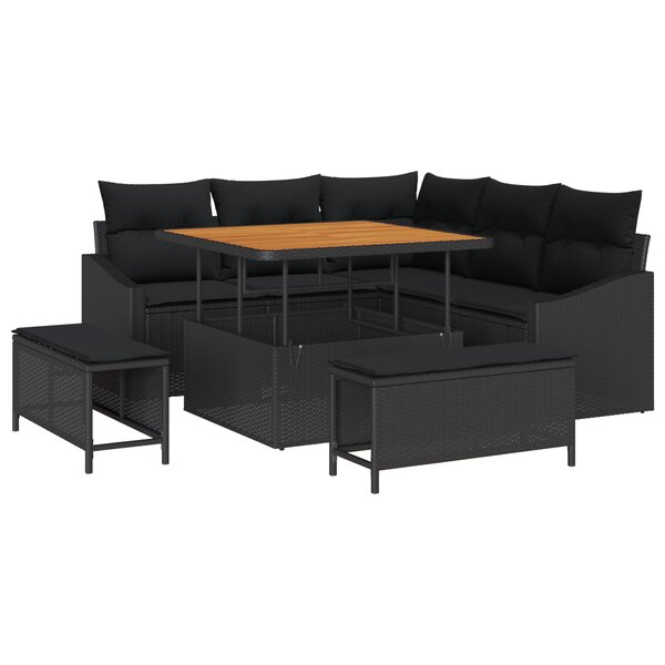 Set de canapé de jardin 8 pièces avec coussins Noir Rotin PE Acacia