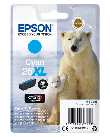Epson singlepack cyan 26xl claria premiu 26xl cartouche dencre cyan haute capacite 9.7ml 700 pages 1-pack rf-am blister