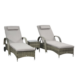 Lot de 2 transats bains de soleil grand confort : matelas  têtière  inclinaison réglable multipostions  accoudoirs  roulettes + table basse verre trempé résine tressée grise