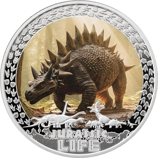 Pièce de monnaie en Argent 10 Dollars g 31.1 (1 oz) Millésime 2025 Jurassic Life STEGOSAURUS