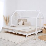 Lit cabane enfant 90x200 cm blanc extensible en lit double avec sommier