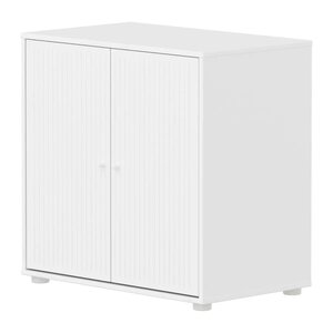 Flexa SAGA Meuble de rangement bas 2 portes a facades rainurees Blanc Boutons metalliques blancs