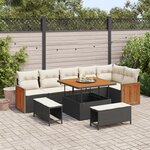 Canapé de jardin 9 pièces avec coussins noir poly rotin acacia
