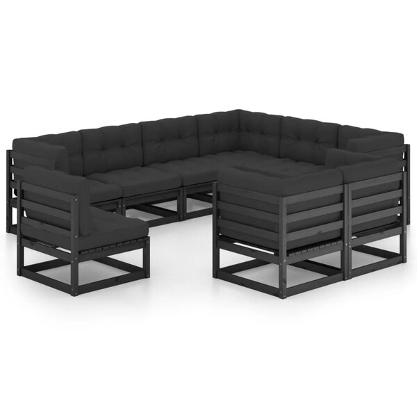vidaXL Salon de jardin 9 Pièces avec coussins noir bois de pin massif