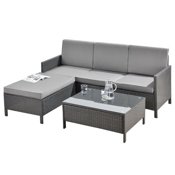 Salon de jardin design set de 3 meubles extérieurs ensemble de canapé tabouret table basse sièges avec coussins 4 places acier polyrotin verre polyester gris 03_0006027