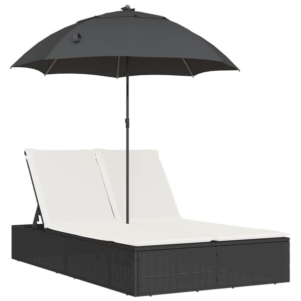 vidaXL Chaise longue double et coussins et parasol noir résine tressée