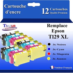 T3AZUR- 12x Cartouches Compatibles avec Epson T1291 T1292 T1293 T1294 T129 XL