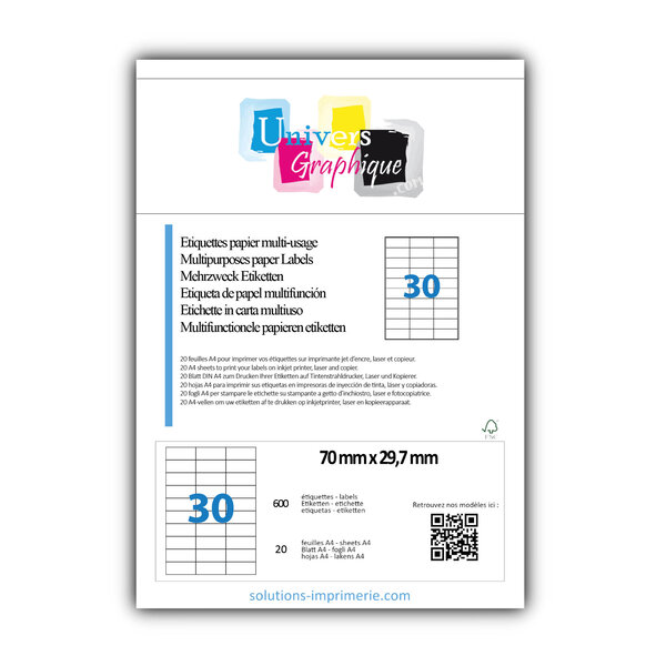 Lot de 20 planches a4 de 30 étiquettes à bords vifs 70 x 29 7 mm en papier blanc 70g/m² multifonction
