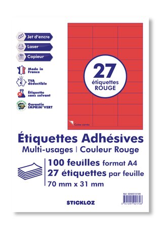 100 planches a4 - 27 étiquettes 70 mm x 31 mm autocollantes rouge par planche pour tous types imprimantes - jet d'encre/laser/photocopieuse