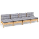 vidaXL Canapé 4 places de jardin et coussins gris Bois de pin solide