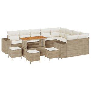 Ensemble de Canapé de Jardin 13 Pièces avec Coussins Beige Rattan Poly Acacia