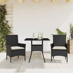 vidaXL Ensemble à manger de jardin et coussins 3 Pièces noir rotin verre