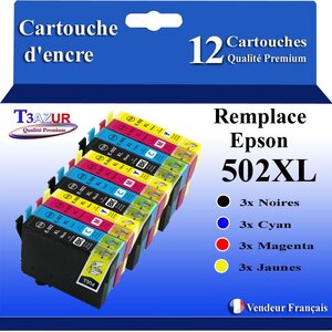 T3AZUR - 12x Cartouches compatibles avec Epson WorkForce WF-2860DWF WF-2865DWF WF-2880DWF WF-2885DWF 502XL