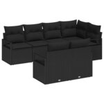 Canapé de jardin 7 pièces avec coussins en rotin noir
