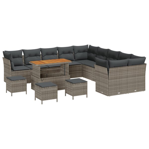 vidaXL Ensemble de canapés de jardin de 14 pièces avec coussins en poly rotin et en acacia gris.