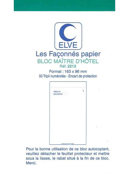 Bloc Maître d'hôtel 150 x 85mm 50 Feuillets Tripli Numérotés ELVE
