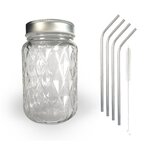 Bocal Mason Jar avec couvercle 37 5 cl diamant + 4 pailles en inox