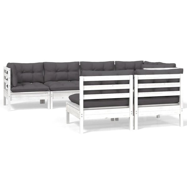 vidaXL Salon de jardin 7 Pièces avec coussins Blanc Bois de pin massif