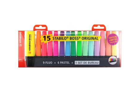 Set de bureau 15 surligneurs boss coloris 9 fluo et 6 pastel stabilo