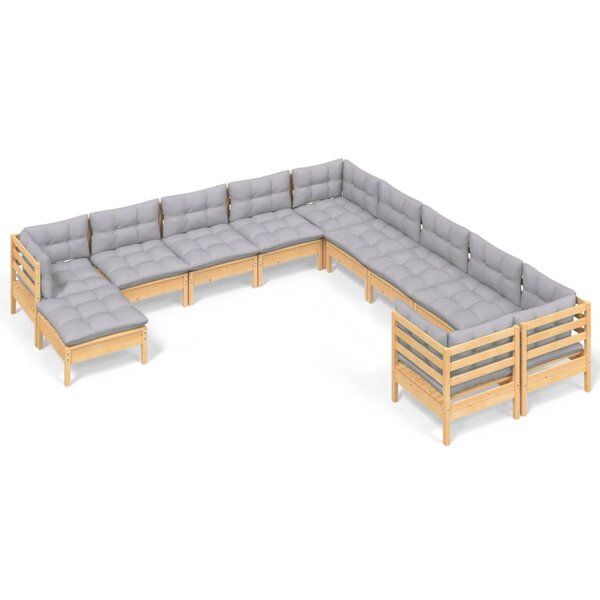 vidaXL Salon de jardin 11 Pièces avec coussins gris bois de pin