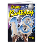 MAXI Grande Carte Géante XXL pour ANNIVERSAIRE 18 ANS Majorité Mixte H/F + Enveloppe format 32x23cm - Ballons Chiffres Nombre Argenté Fêter Musique Disco Boule à Facettes - Fabriqué en France MX-5018