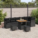 Ensemble de Canapés de Jardin de 9 Pièces avec Coussins Noir Poly Rattan Acacia